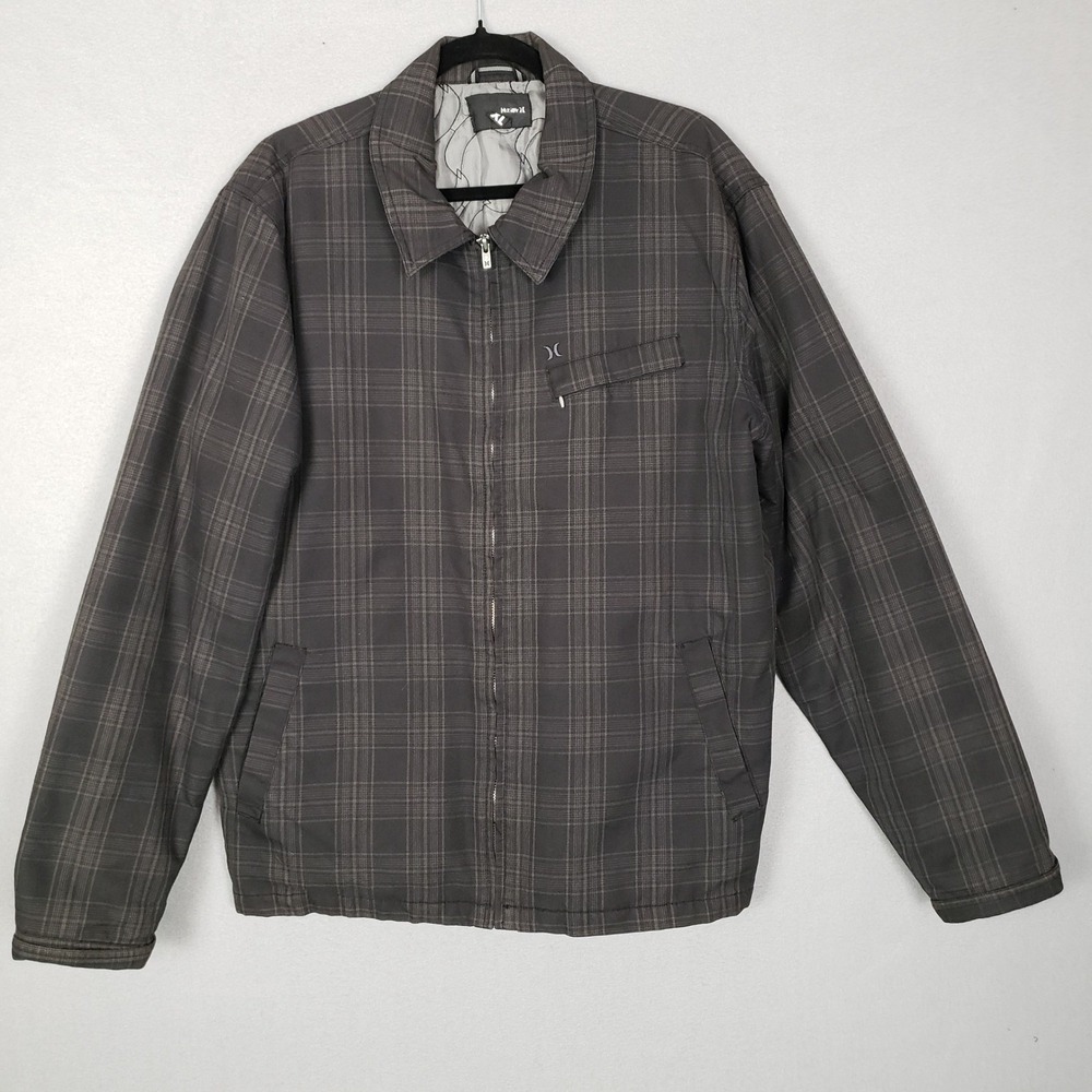 Hurley Mens XL Zip Flannel Jacket Insulated Shacket Black Plaid‎ Grunge Outdoor